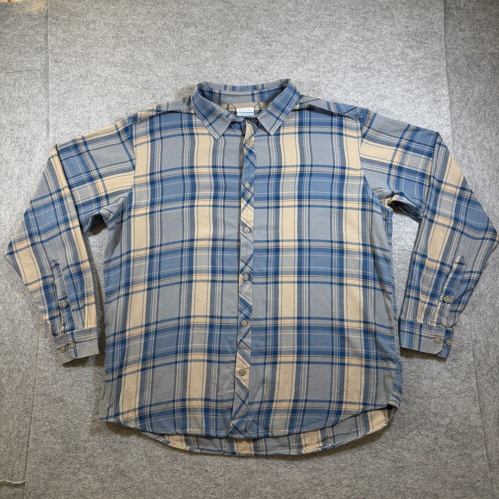 Columbia Flannel Button Up Shirt Mens XL Blue Tan Plaid Cotton Outdoor Workwear